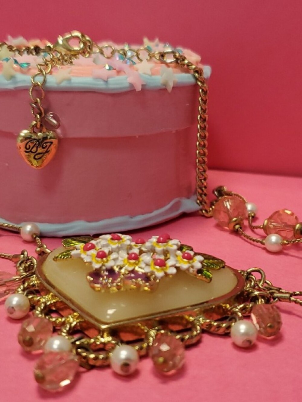 Betsey Johnson Gold Heart Necklace with Pink Beads and Pearl Accents - Picture 3 of 6